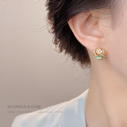 A廠【6987】原創森系花籃手工彩繪琺瑯滴釉s925銀針微鑲鋯石耳環田園風耳飾女
 25.10-5