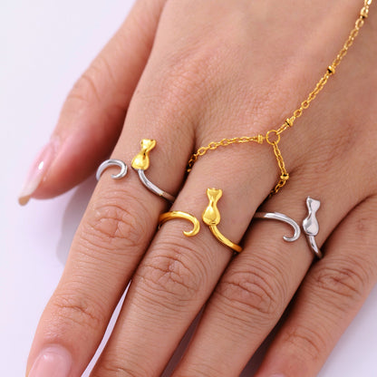 B廠【A004】歐美跨國個性貓咪開口指環食指戒不鏽鋼保色戒指女飾品 25.04-1