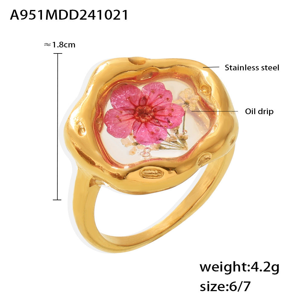 B廠【A951】歐美小眾滴油乾燥花戒指輕奢感冷淡風植物花卉不鏽鋼食指戒女 24.10-4