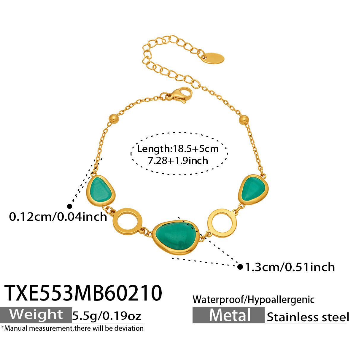 B廠【TXP553】歐美輕奢橢圓貓眼石項鍊手鍊耳環不鏽鋼鍍18k金首飾套裝
 26.10-4