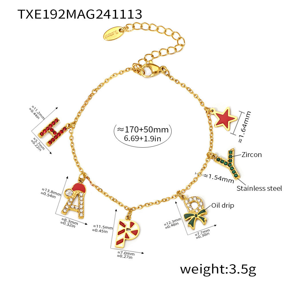 B廠【TXP192】聖誕首飾琺瑯彩釉鑲嵌鋯石HAPPY字母項鍊手鍊耳環歐美套裝 24.11-5