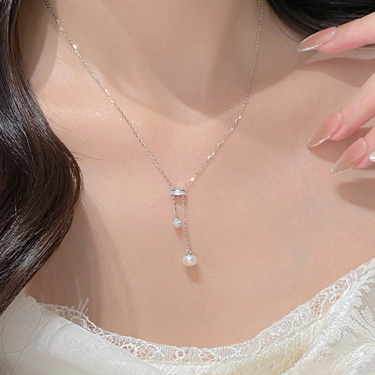 E廠【XDQ0817N】小眾精緻雙珠麵包珠流蘇項鍊女S925純銀輕奢閃鑽球氣質鎖骨鏈
 26.04-5