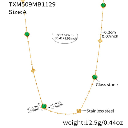 B廠【TXP509】不銹鋼四葉花鑲鋯石切面包邊石頭手鍊長款毛衣鏈項鍊耳環首飾套裝
 25.12-1