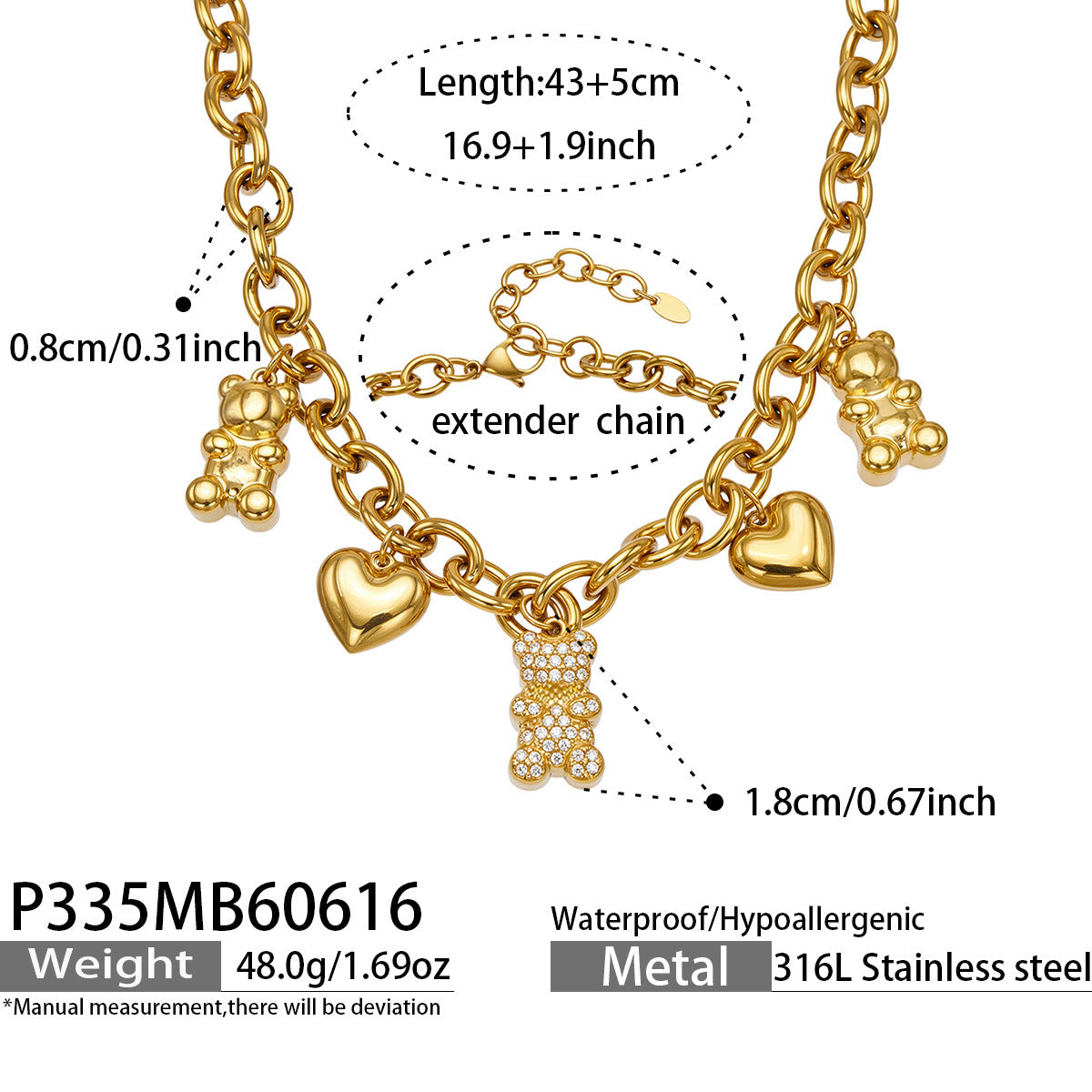 B廠【P335】超閃5A鋯石小熊愛心多配件DIY項鍊女ins風時尚不鏽鋼 18k金 飾品
 26.06-4
