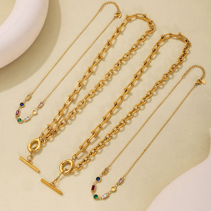 B廠【P1292】歐美彩色鋯石鎖骨鍊馬蹄扣OT扣鏈條雙層疊戴項鍊不鏽鋼首飾 25.04-2