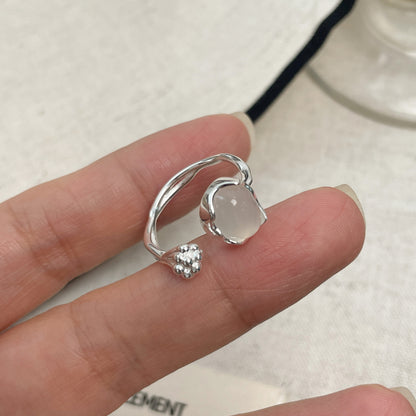 E廠【DQ8225R】925純銀ins白玉髓不規則戒指女冷淡風簡約肌理紋理開口食指戒
 25.08-5