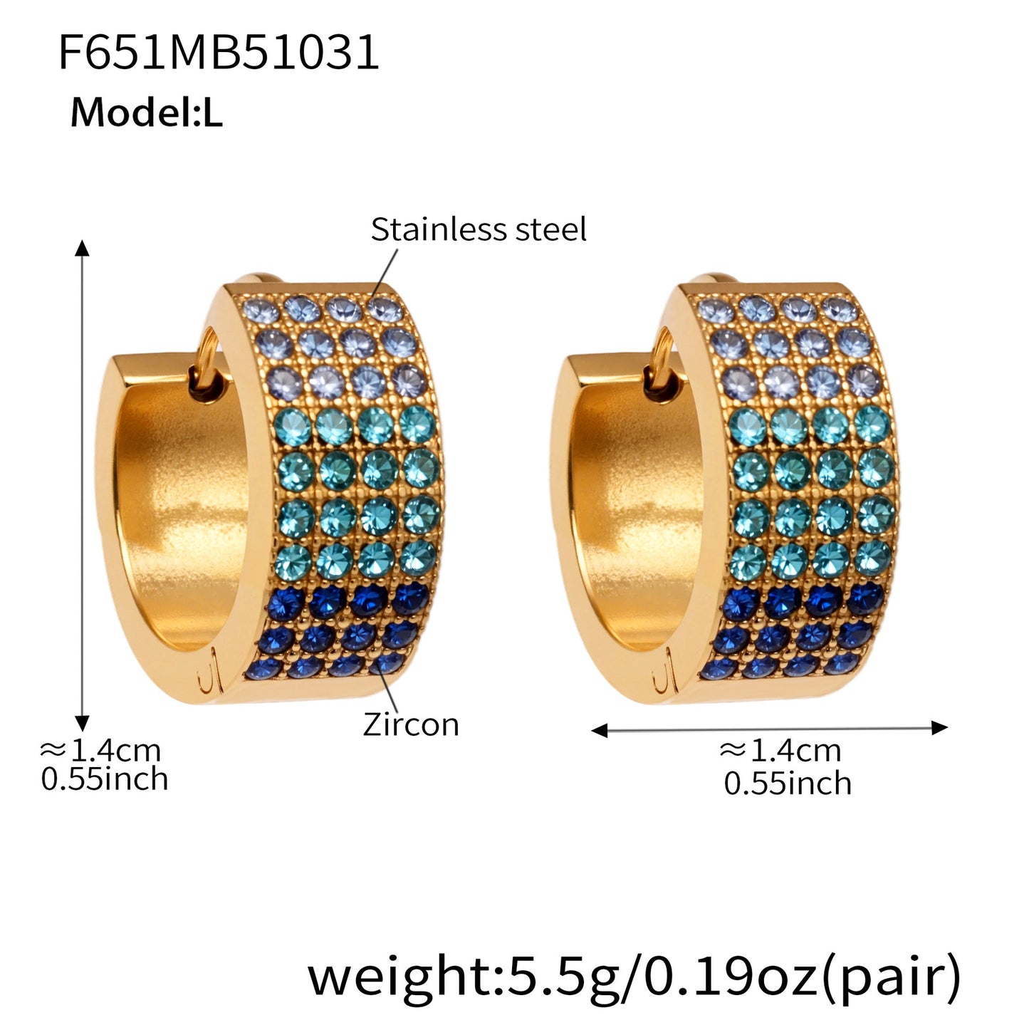 B廠【F651】彩鑽四排鋯石精緻卡扣耳環不鏽鋼鍍18k金時尚百搭個性耳飾
 25.11-1