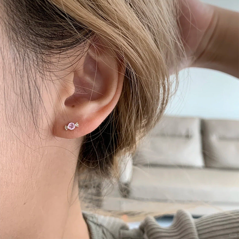 F廠【XDQ11293E】S999純銀迷你粉紅糖果耳環女甜美可愛ins鑲鋯石通勤耳飾品潮
 25.11-2