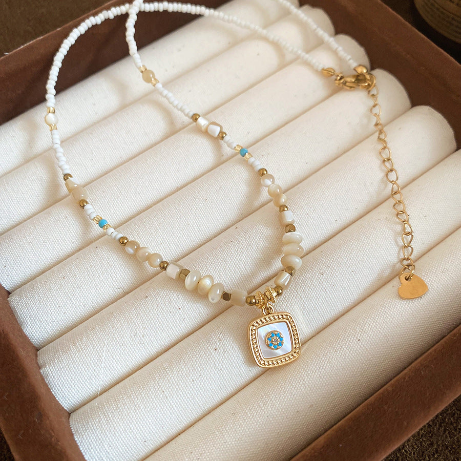 A廠【HN10553】水晶串珠貝殼方形吊墜項鍊復古優雅氣質百搭鎖骨鏈輕奢小眾頸鍊飾
 25.11-2