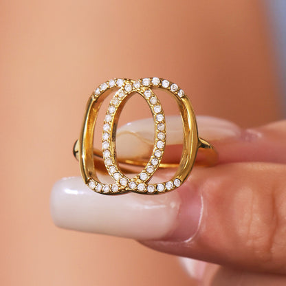 B廠【A462】不鏽鋼雙環C線開口白鑽太陽能石戒指歐美個性百搭輕奢指環 25.07-4