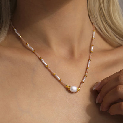 B廠【P1993】ins跨境施家貝珠切面天然石手工鏈串珠米珠項鍊不鏽鋼飾品 25.03-4