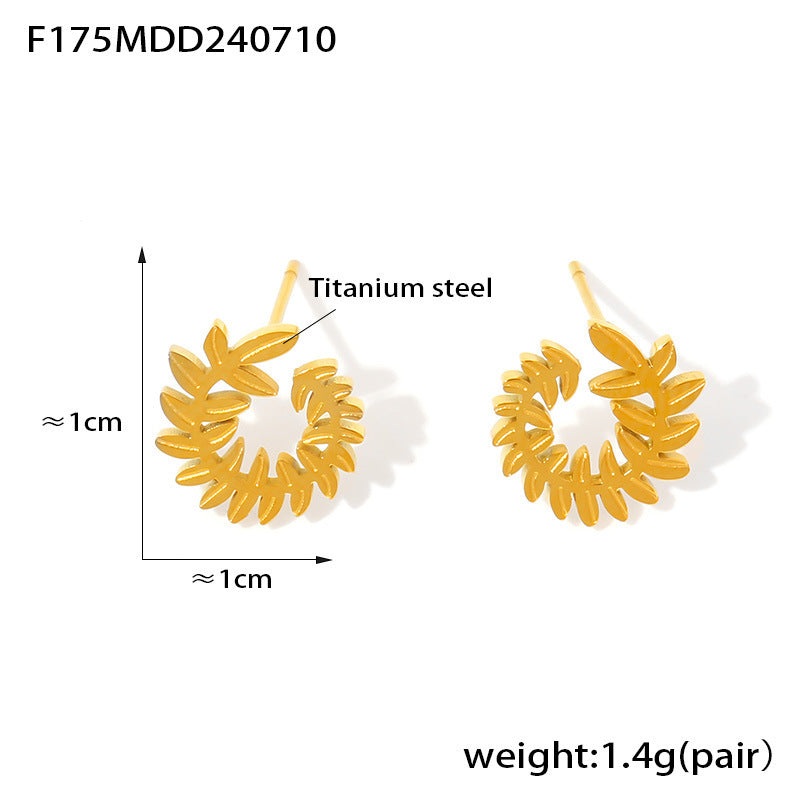 B廠【F175】跨境麥穗樹葉耳環文藝復古設計鈦鋼鍍18k真金百搭個性氣質耳飾女 24.07-3