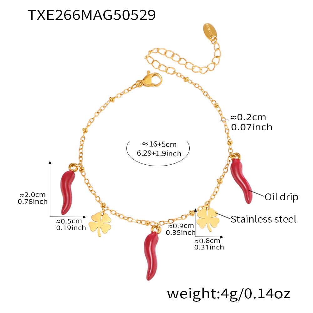 B廠【TXP266】不銹鋼材質紅辣椒四葉花吊墜項鍊手鍊套裝DIY鍍18k金不掉色 25.06-1