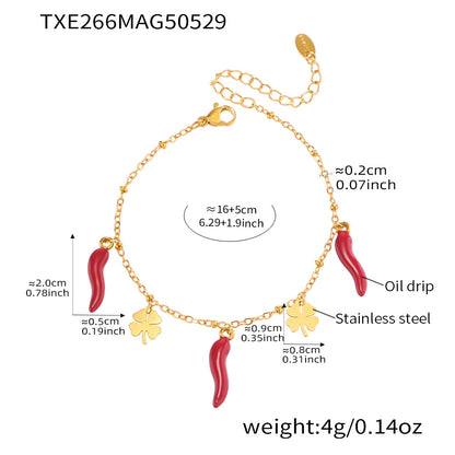 B廠【TXP266】不銹鋼材質紅辣椒四葉花吊墜項鍊手鍊套裝DIY鍍18k金不掉色 25.06-1