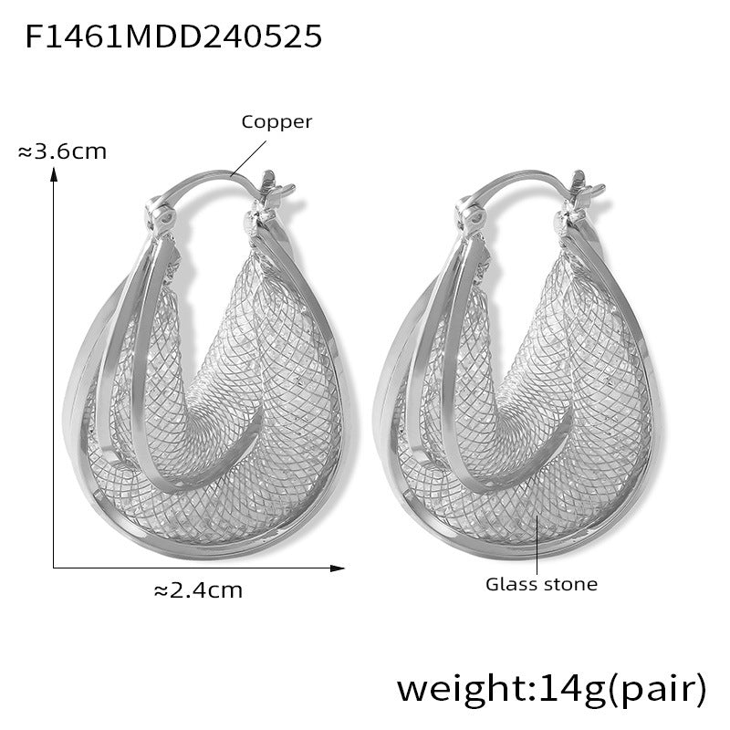 B廠【F1461】波西米亞個性輕奢耳環冷淡風超閃水鑽網紗水滴形銅材質耳扣耳飾 24.05-5