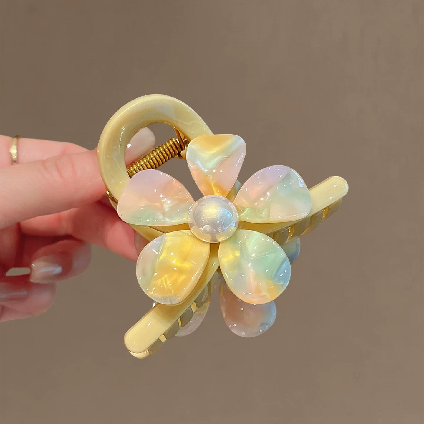 C廠【X414】幻彩醋酸花朵抓夾溫柔氣質黃色後腦勺盤髮夾鯊魚夾清新百搭髮飾女
 26.06-1「C廠-單筆結帳需滿，NT$500出貨(不含運費)」