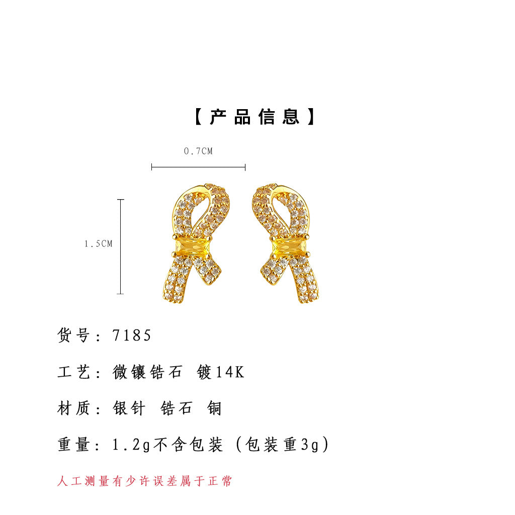 A廠【7185】微鑲鋯石925銀針鍍14K簡約個性時尚通勤高級感蝴蝶結耳環耳飾
 25.12-1
