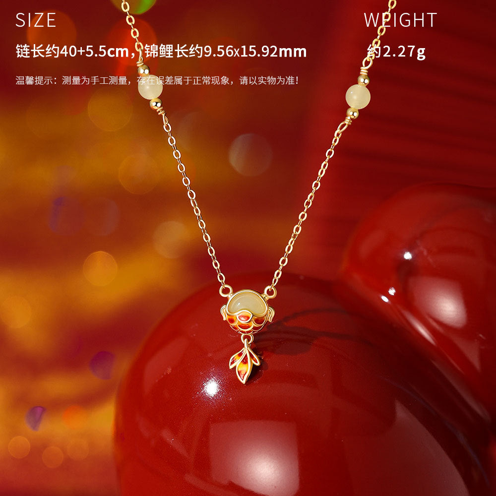 D廠【YC3360N】原創足銀S999小錦鯉與田玉項鍊國風中式國風設計輕奢鎖骨鏈
 25.12-2