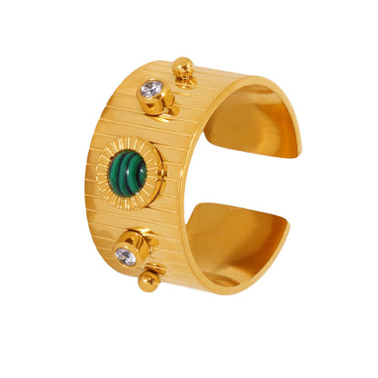 B廠【A802】天然綠松石長條紋鋯石開口可調式戒指不鏽鋼個性霸氣配件品 25.03-3