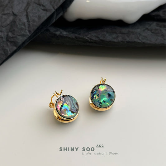 A廠【7101】鮑魚貝！時尚高級感輕奢風中古圓形幾何雙面耳飾貝殼耳環飾品
 25.11-4