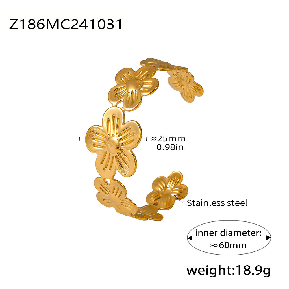 B廠【Z186】 法國五瓣花拼接開口手鐲精緻氣質不鏽鋼PVD鍍真金手鐲 24.11-2