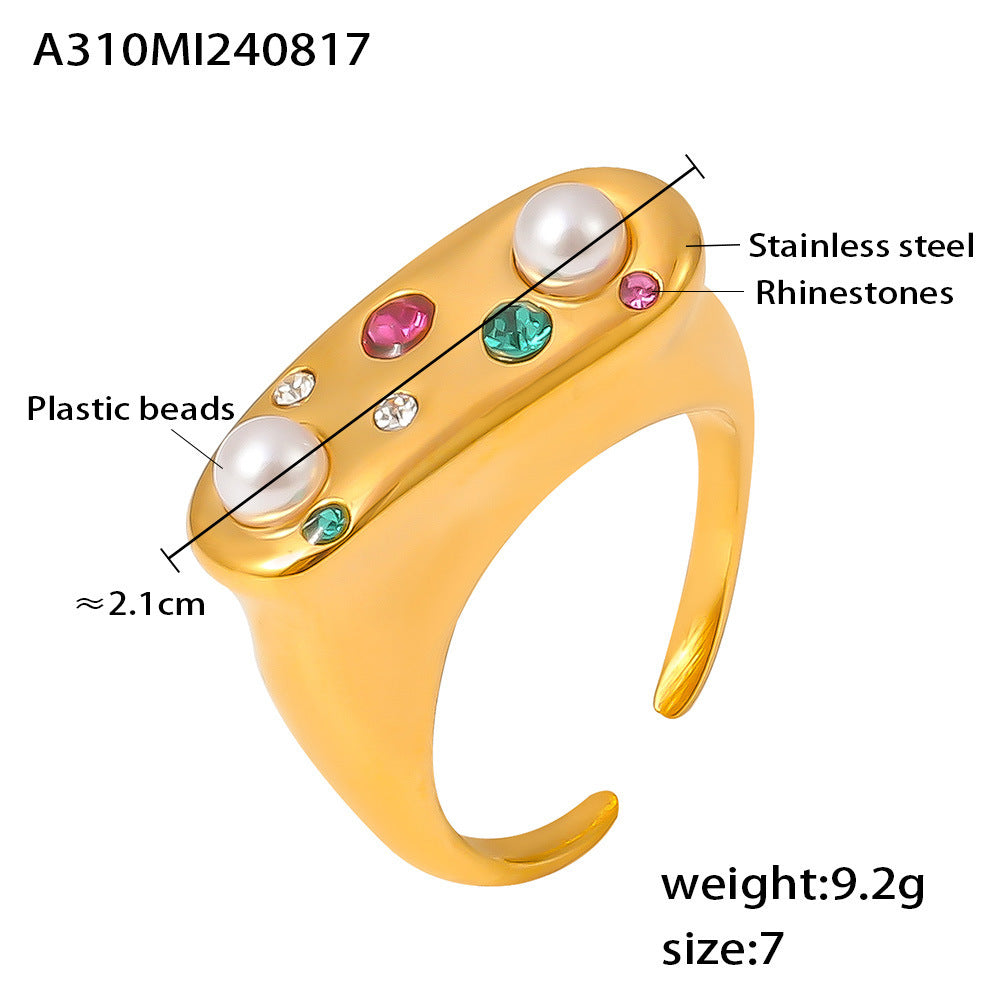 B廠【A310】歐美ins風彩鑽仿珍珠戒指復古開口不鏽鋼鍍18k真金2024新款指環 24.08-5