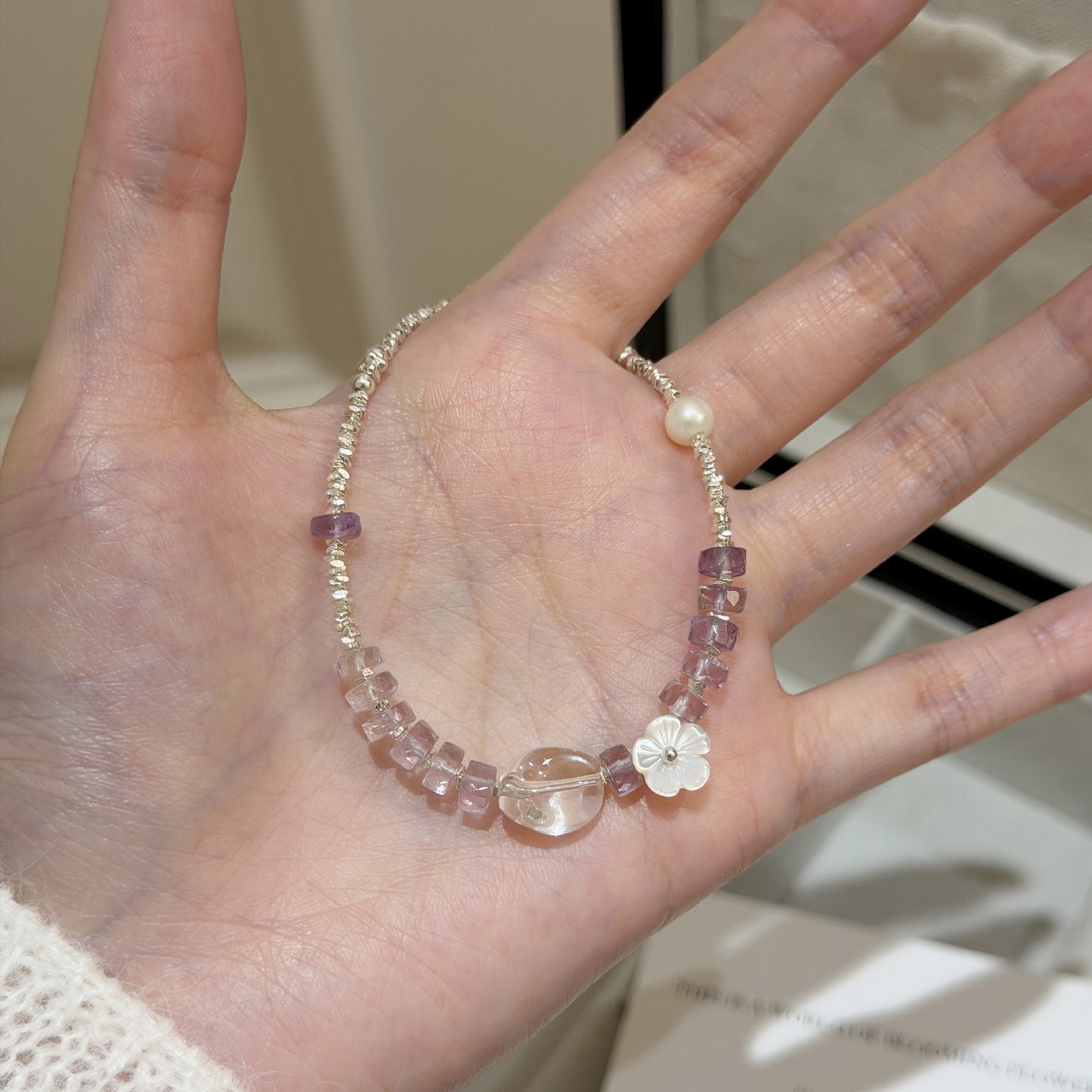 E廠【XDQ0614S】S925純銀碎銀子切面紫水晶手鍊女天然白水晶貝殼花朵精緻手飾
 26.05-2