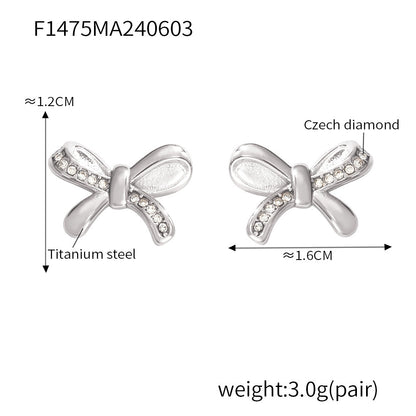 B廠【F1475】韓國版簡約單邊鑲鑽蝴蝶結耳環chic風鈦鋼鍍金耳環個性百搭保色耳飾 24.06-2