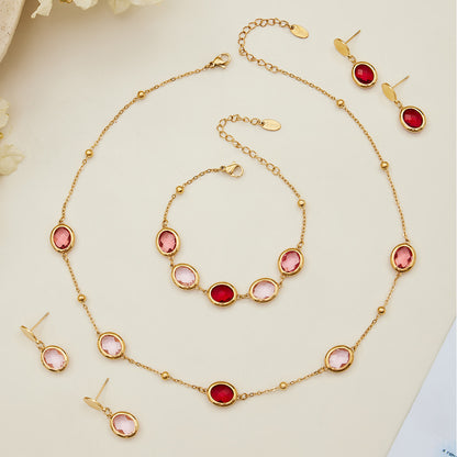 B廠【TXP511】不鏽鋼幾何橢圓切面玻璃石包邊項鍊手鍊耳環組鍍18k金跨國首飾
 25.12-2