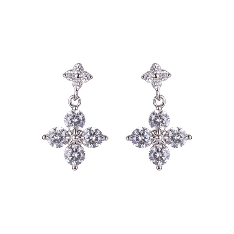 F廠【DQ10636E】S925純銀輕奢精緻四葉草閃鑽耳環女復古經典花朵流蘇百搭耳飾
 25.10-4