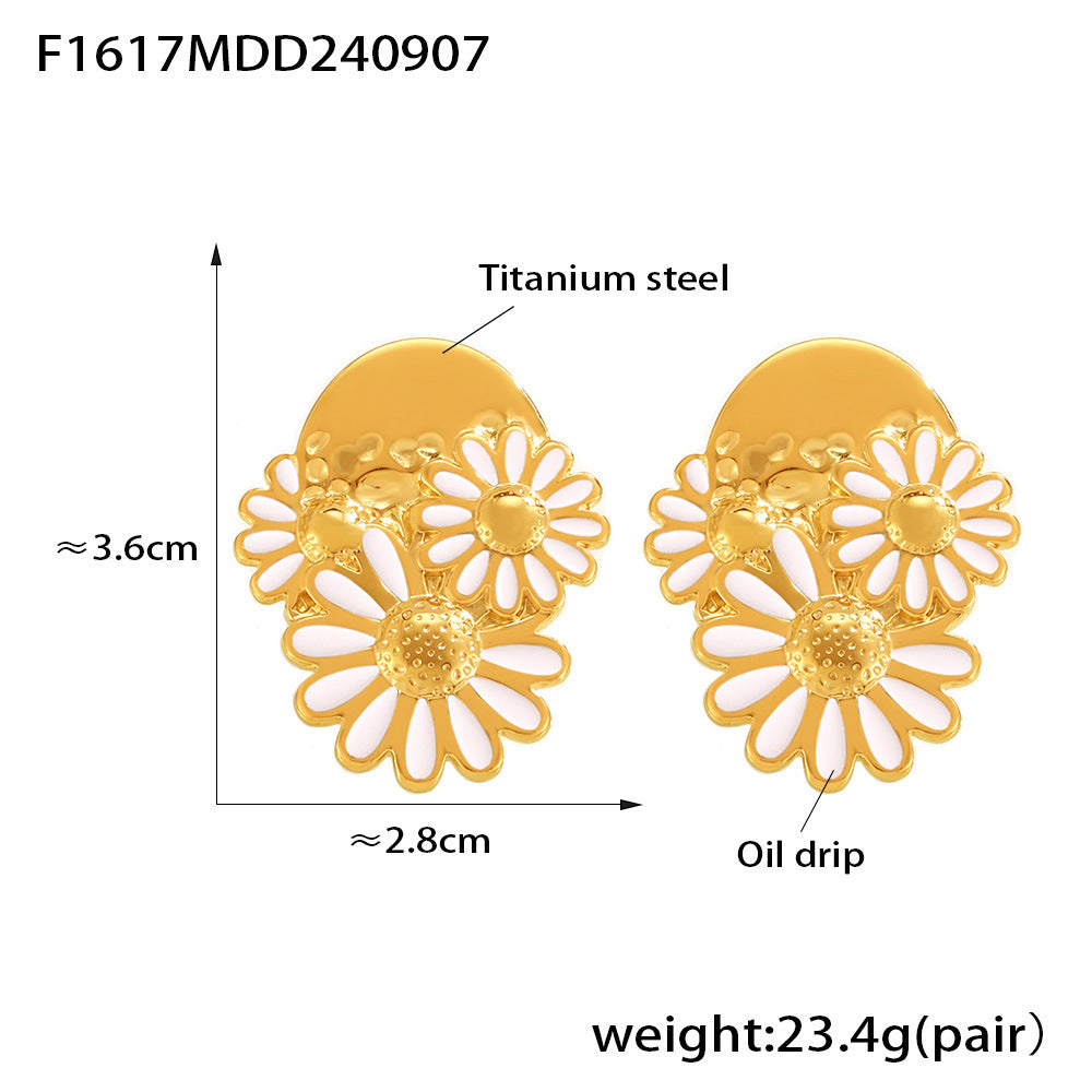 B廠【F1617】歐美INS風菊花耳環18k金鈦鋼小雛菊滴油耳環女式氣質復古耳環 24.09-2