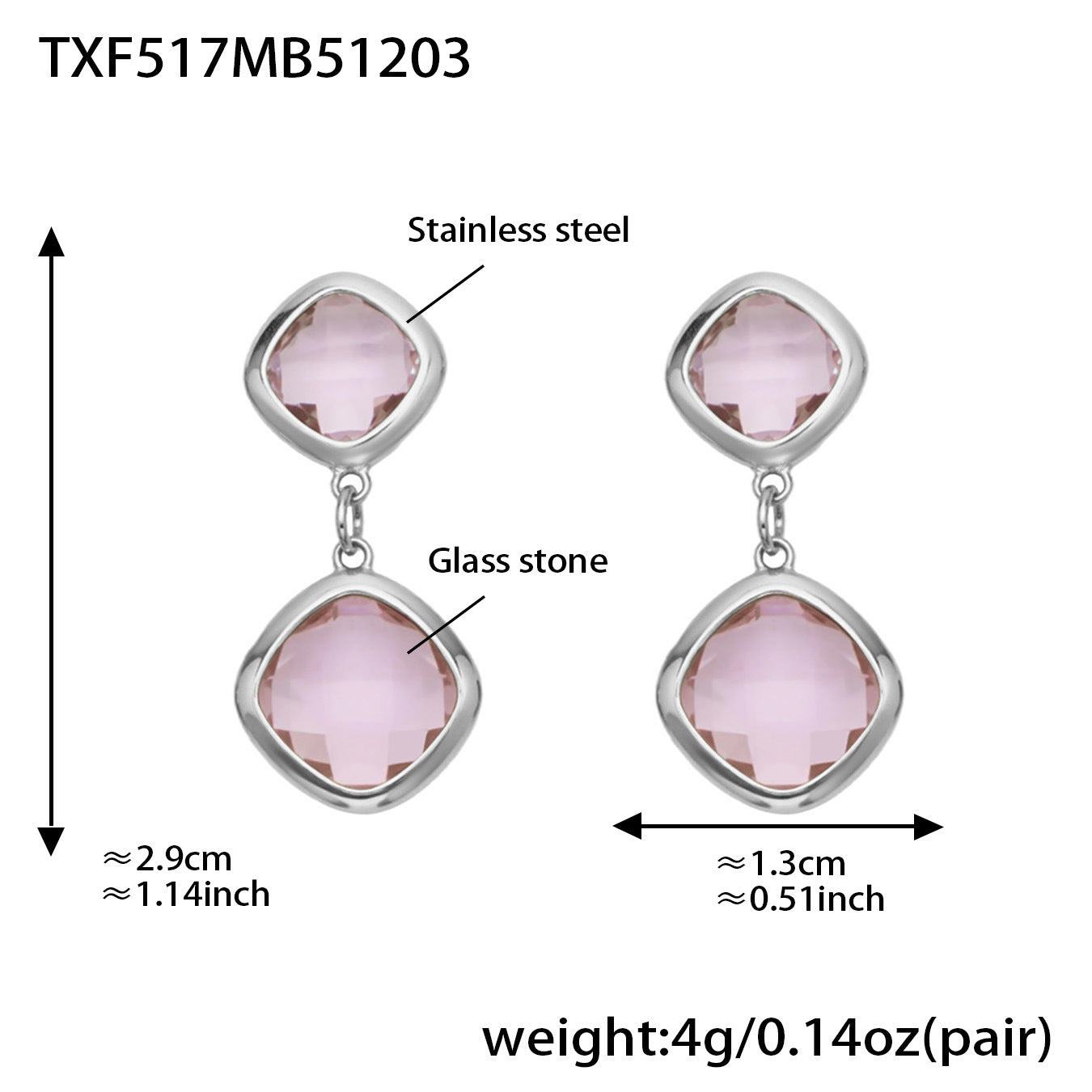 B廠【TXP517】不銹鋼方形切麵包邊玻璃石吊墜耳環項鍊手鍊珠寶首飾套裝鍍18k金
 25.12-2