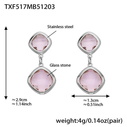 B廠【TXP517】不銹鋼方形切麵包邊玻璃石吊墜耳環項鍊手鍊珠寶首飾套裝鍍18k金
 25.12-2