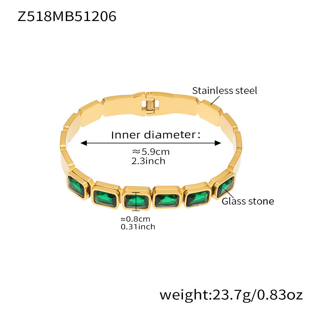 B廠【Z518】不鏽鋼方形彩色玻璃石手鐲ins小眾設計歐美潮酷飾品鍍18k金不掉色
 25.12-2