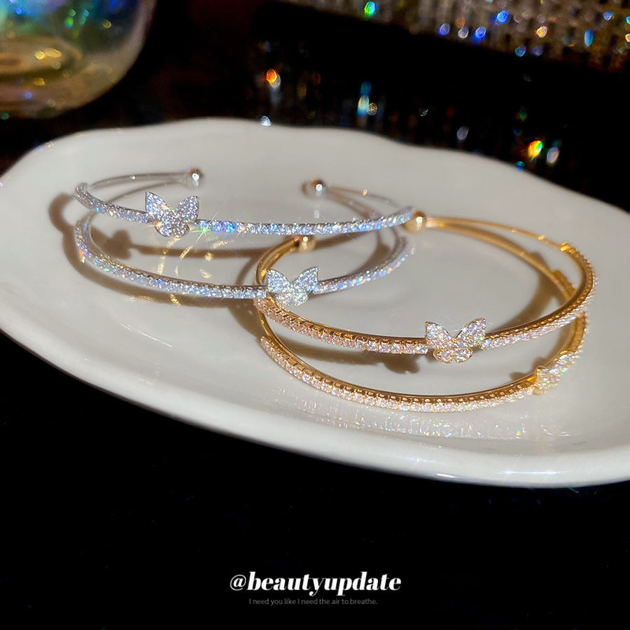 A廠【HB4894】韓系鋯石蝴蝶雙層開口手鐲輕奢高級感手環精緻小眾甜美通勤手飾女
 25.11-1