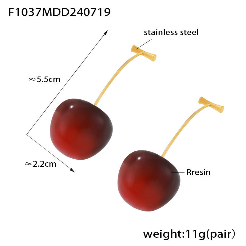 B廠【F1037】歐美小清新櫻桃長款耳環女個性網紅不鏽鋼樹脂車厘子創意氣質耳環 24.07-4