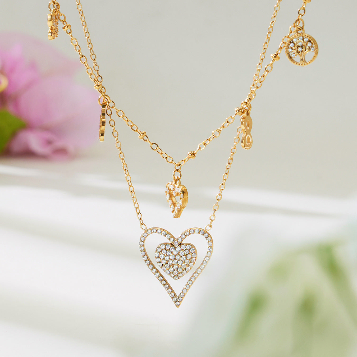 B廠【P874】跨境新款靈動愛心滿鑽鋯石吊墜雙層鎖骨項鍊不鏽鋼鍍18k金
 25.11-4