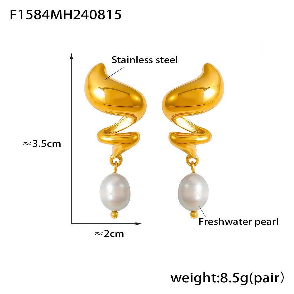 B廠【F1584】歐美跨境新款虎眼石串仿珍珠吊墜愛心耳環不鏽鋼鍍18k金小眾耳飾 24.08-4