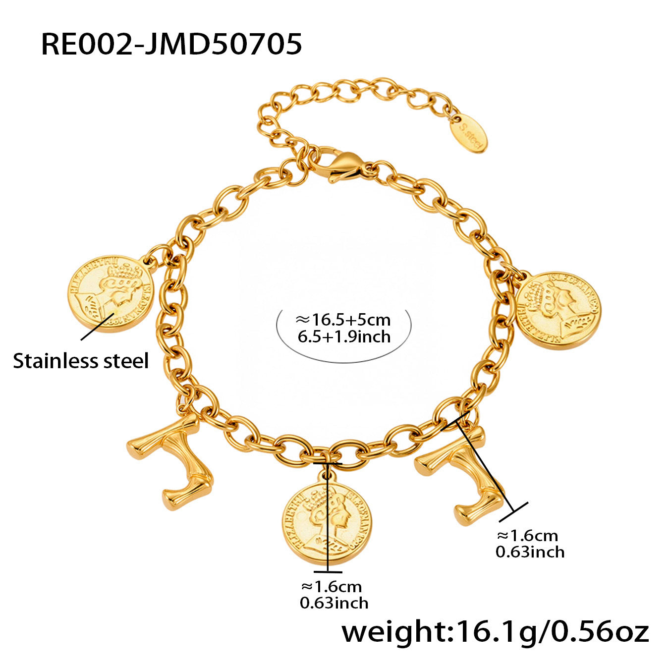 B廠【RE002】歐美飾品不鏽鋼26個字母伊莉莎白女王圖像手鍊鍍18k金色保色 25.07-3