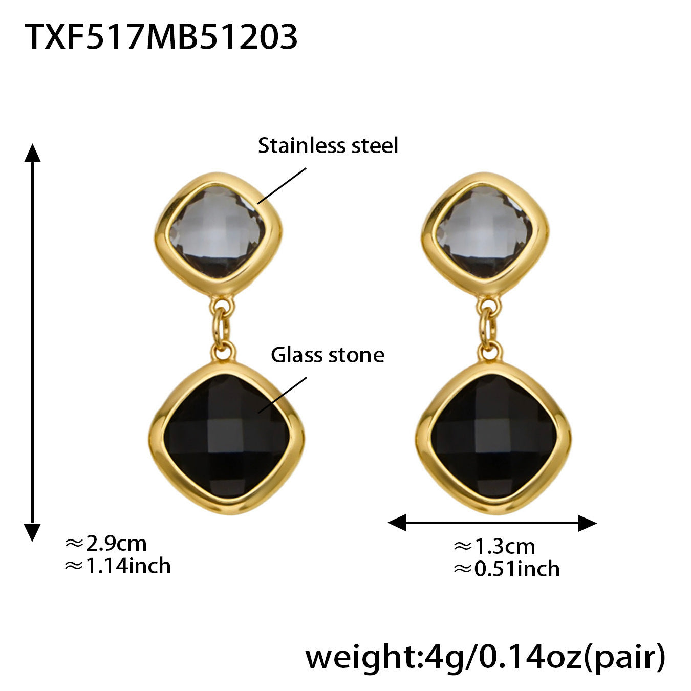 B廠【TXP517】不銹鋼方形切麵包邊玻璃石吊墜耳環項鍊手鍊珠寶首飾套裝鍍18k金
 25.12-2