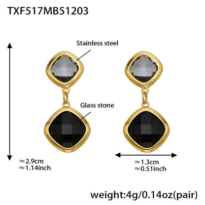 B廠【TXP517】不銹鋼方形切麵包邊玻璃石吊墜耳環項鍊手鍊珠寶首飾套裝鍍18k金
 25.12-2