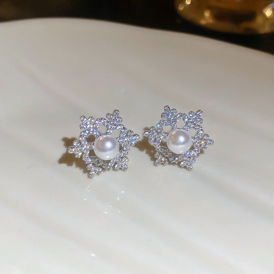 A廠【HE29327】925銀針鋯石鏤空雪花珍珠耳環精緻優雅輕奢氣質耳環小眾高級感耳飾女
 25.11-2