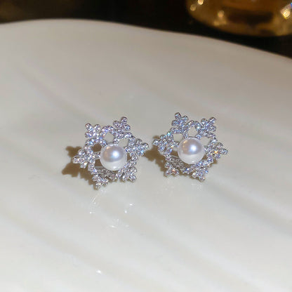 A廠【HE29327】925銀針鋯石鏤空雪花珍珠耳環精緻優雅輕奢氣質耳環小眾高級感耳飾女
 25.11-2