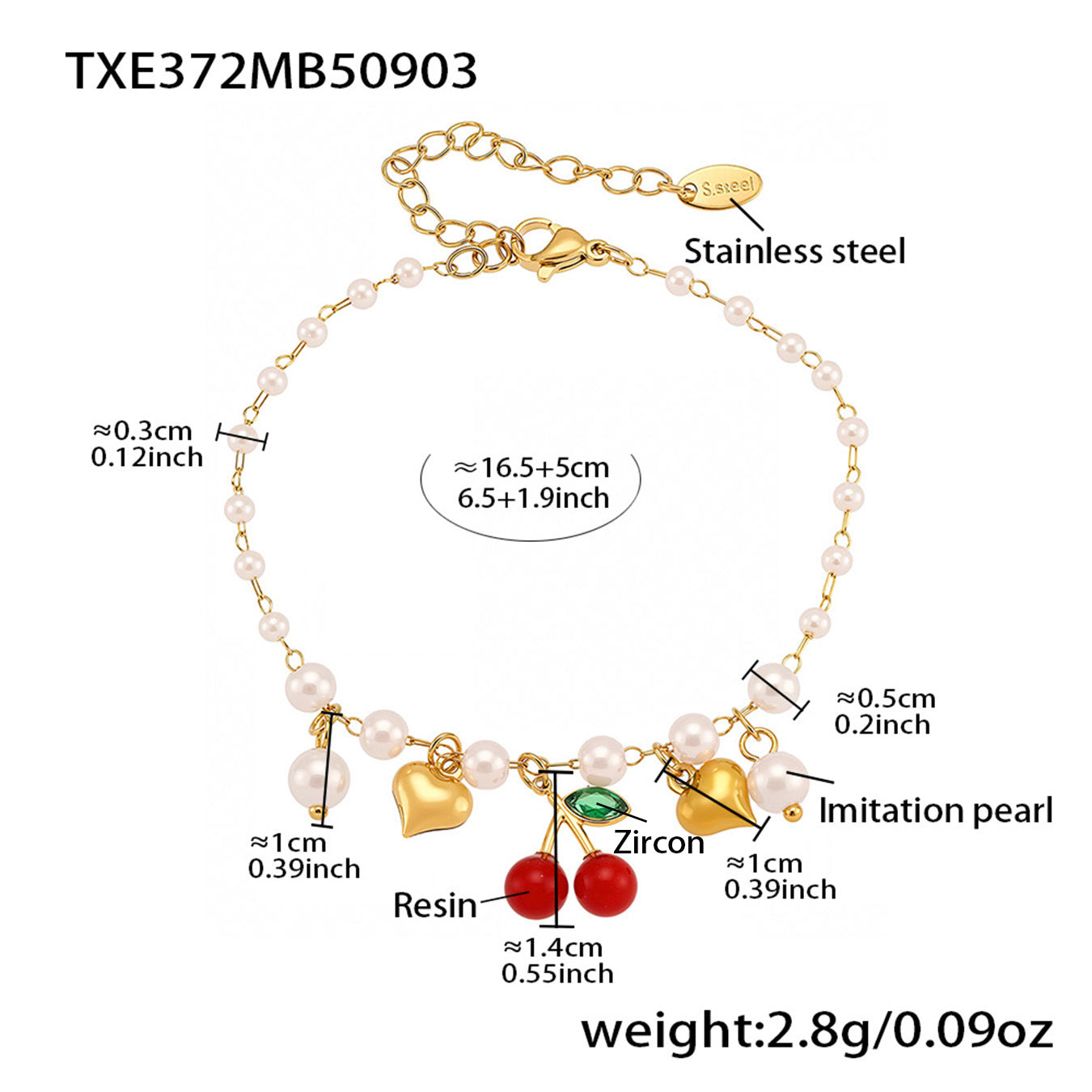 B廠【TXP372】跨境櫻桃愛心手工串仿珍珠項鍊手鍊套裝小眾設計不銹鋼材質
 25.09-2