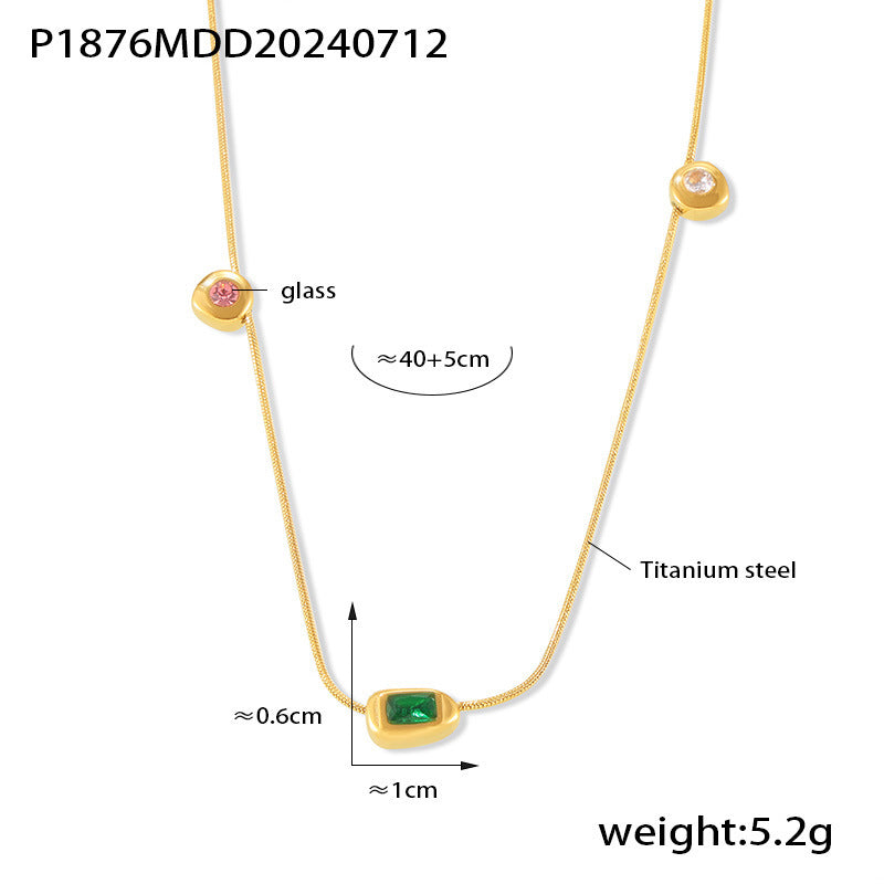 B廠【P1876】歐美復古三色玻璃石吊墜鎖骨鍊女輕奢小眾疊戴風鈦鋼鍍18k金飾品 24.07-3