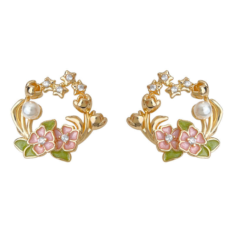 C廠【6961】原創微鑲鋯石925銀針鍍14K彩繪琺瑯滴釉花環森系清新甜美耳環耳飾
 25.10-4