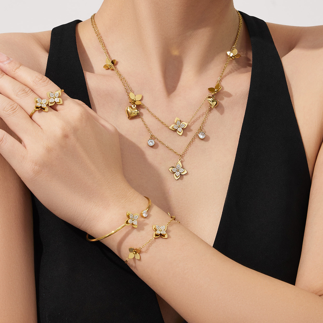 B廠【TXP535】歐美跨境簡約花朵鑲嵌鋯石開口戒指手鐲個性手鍊項鍊耳環首飾套裝
 26.01-2