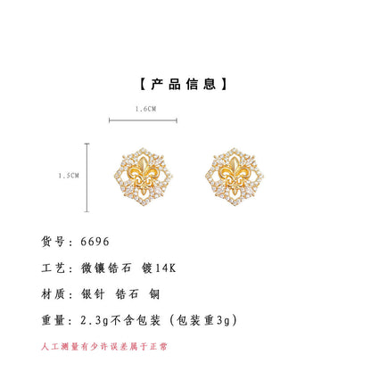 A廠【6696】【鳶尾花】系列原創！ 925銀針微鑲鋯石電鍍14K時尚高級感耳飾耳環
 25.09-1