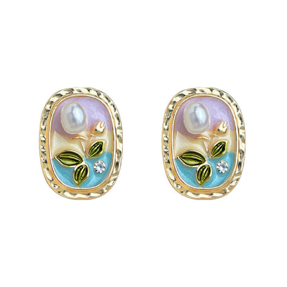 A廠【6355】淡水珍珠清新甜美田園風925銀針電鍍14K油畫質感琺瑯釉耳飾耳環女 25.08-1