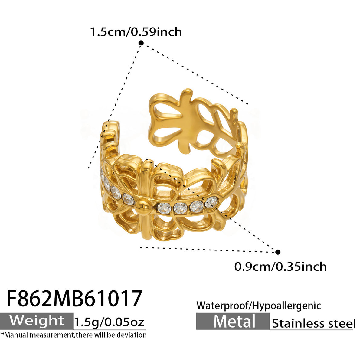 B廠【F862】冷淡系C型鏤空閃锆耳飾不鏽鋼鍍金無耳洞耳環
 26.10-4
